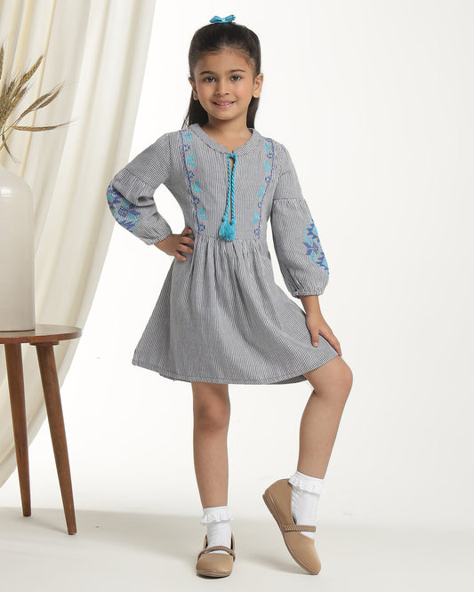 Girls Striped Embroidered Long Sleeves Dress