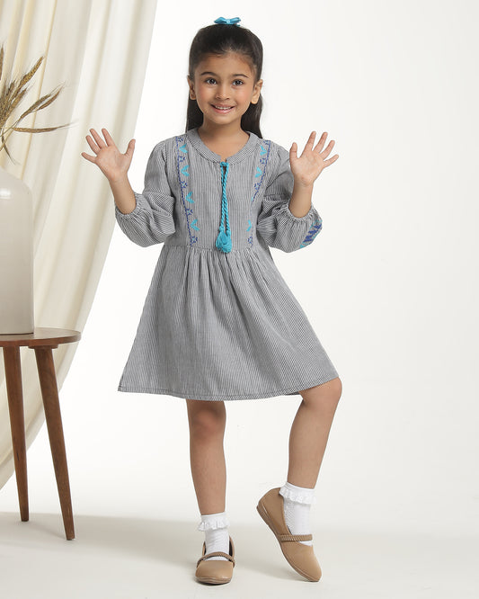 Girls Striped Embroidered Long Sleeves Dress