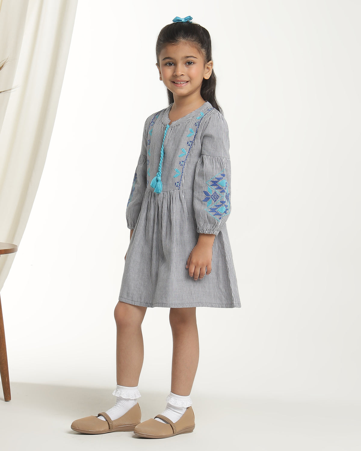 Girls Striped Embroidered Long Sleeves Dress
