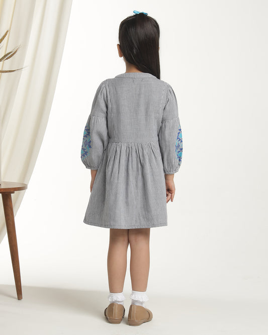 Girls Striped Embroidered Long Sleeves Dress