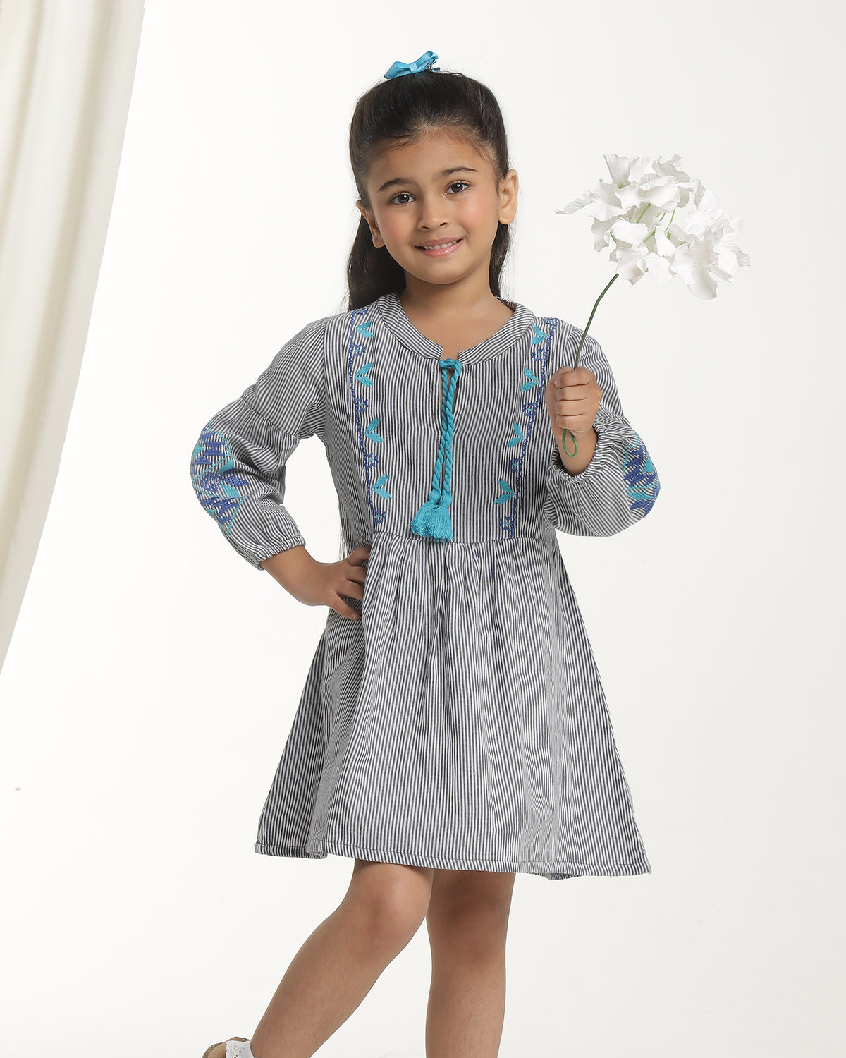 Girls Striped Embroidered Long Sleeves Dress