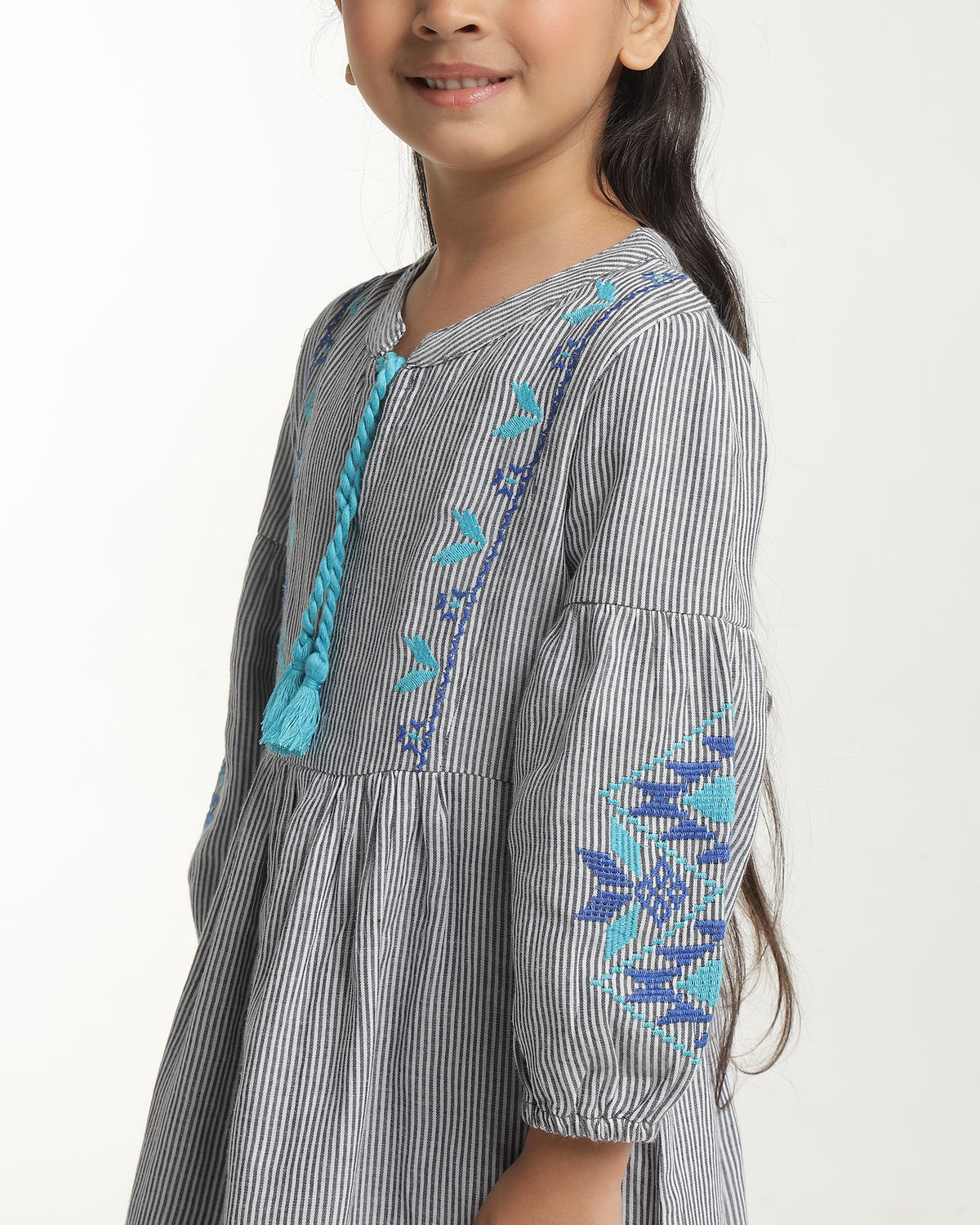 Girls Striped Embroidered Long Sleeves Dress