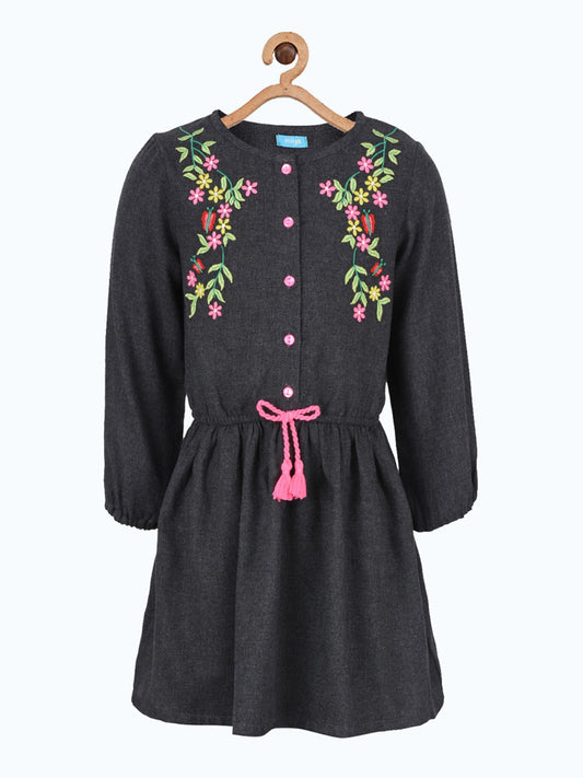 Girls Embroidered Long Sleeve Black Dress