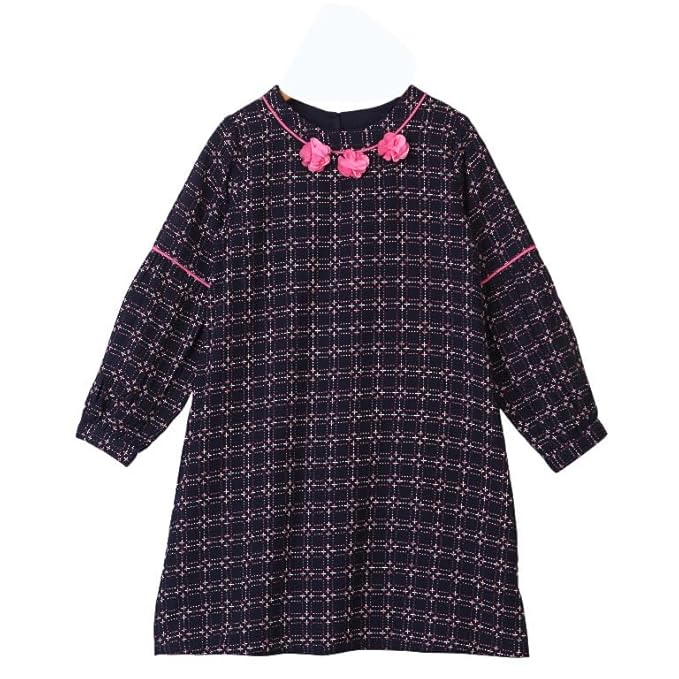 Navy blue girls long sleeve fit and flare dress with pink bow detailing and flared skirt