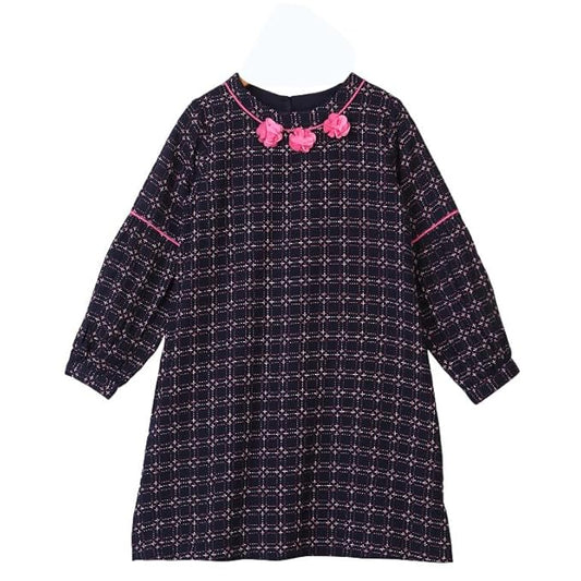 Navy blue girls long sleeve fit and flare dress with pink bow detailing and flared skirt