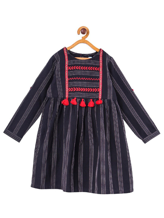 Girls Striped Embroidered Midi Dress