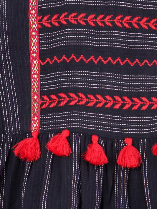 Girls Striped Embroidered Midi Dress