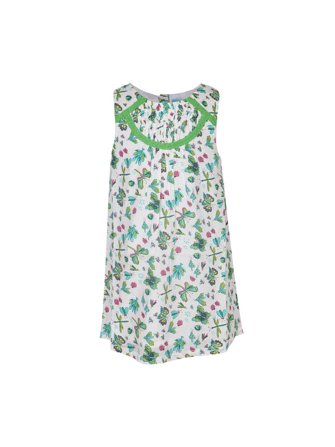 White and green floral printed girls sleeveless dress with gathered waist and flared hem