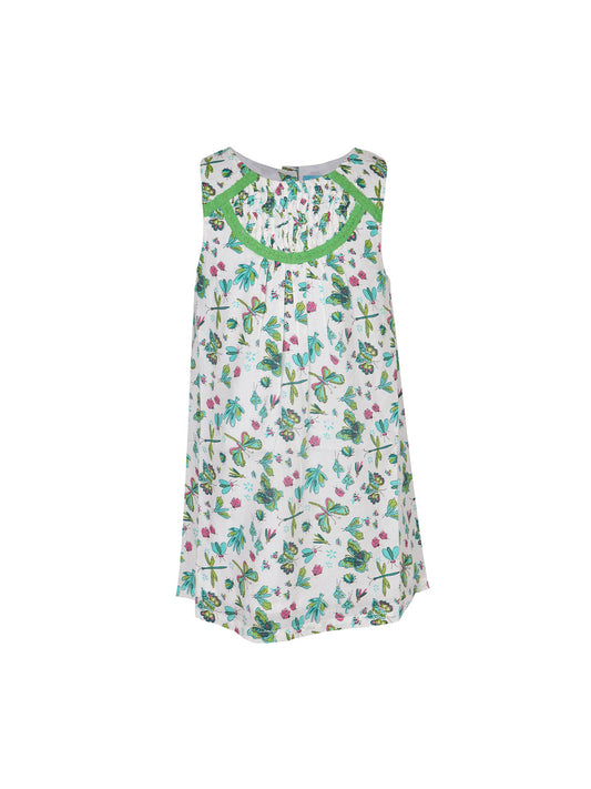 White and green floral printed girls sleeveless dress with gathered waist and flared hem