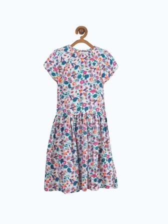 Multicolour floral printed girls sleeveless dress with gathered waist and flared skirt