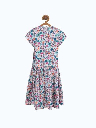 Multicolour floral printed girls sleeveless dress with gathered waist and flared skirt