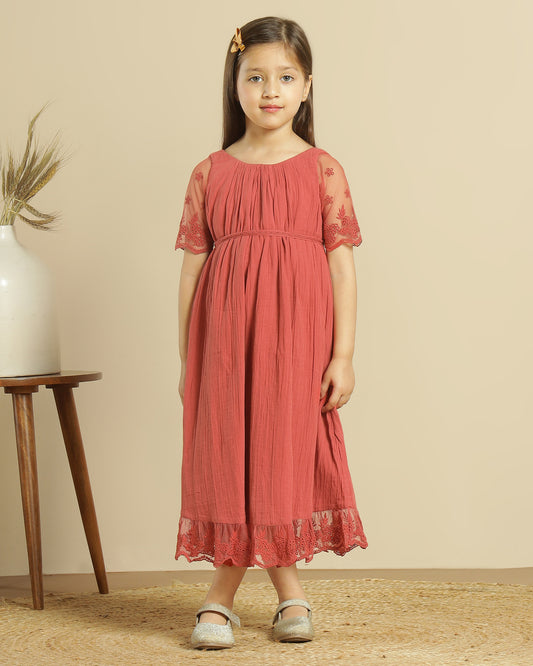 Red girls sleeveless lace fit and flare dress with layered skirt and floral detailing