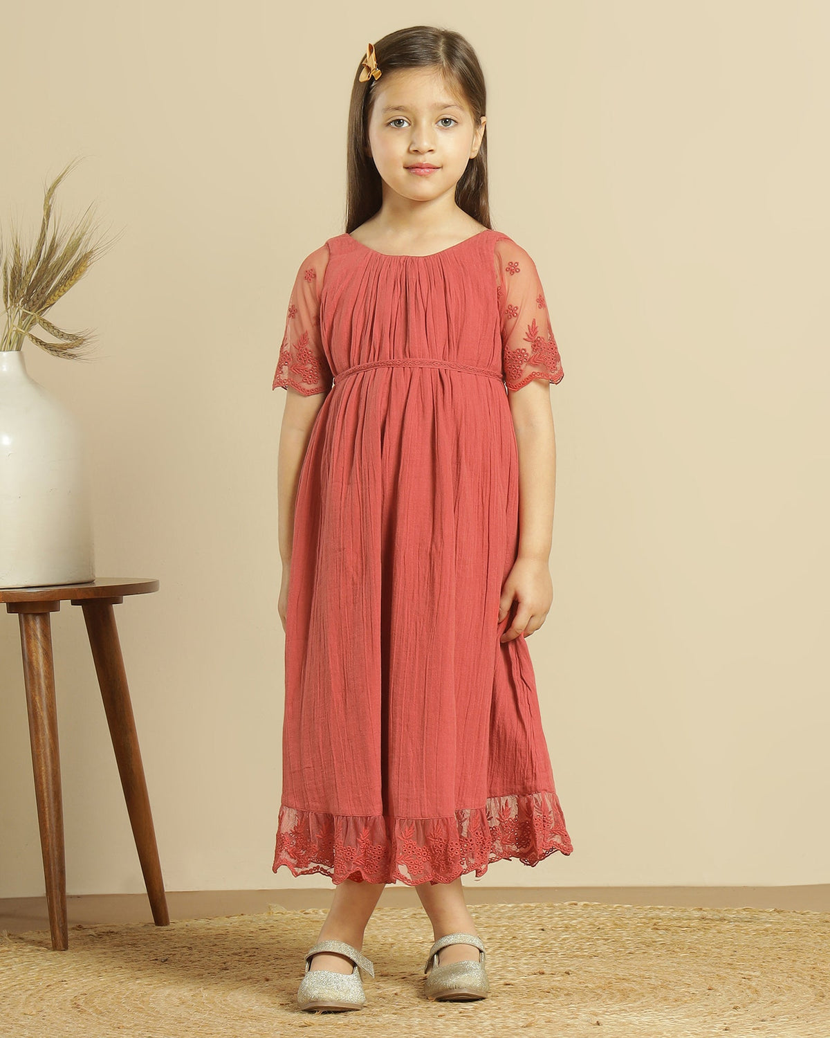 Girls Floral Lace Sleeve Maxi Dress
