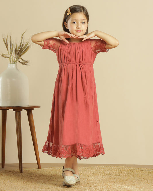 Red girls sleeveless lace fit and flare dress with layered skirt and floral detailing