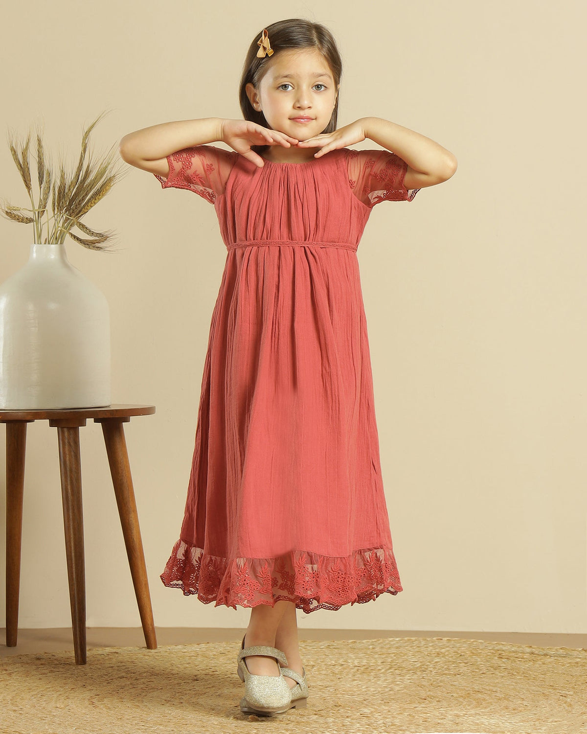 Girls Floral Lace Sleeve Maxi Dress