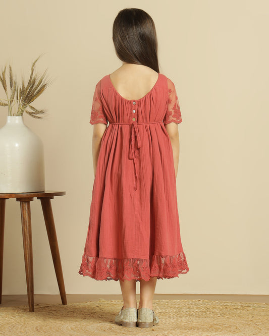 Red girls sleeveless lace fit and flare dress with layered skirt and floral detailing