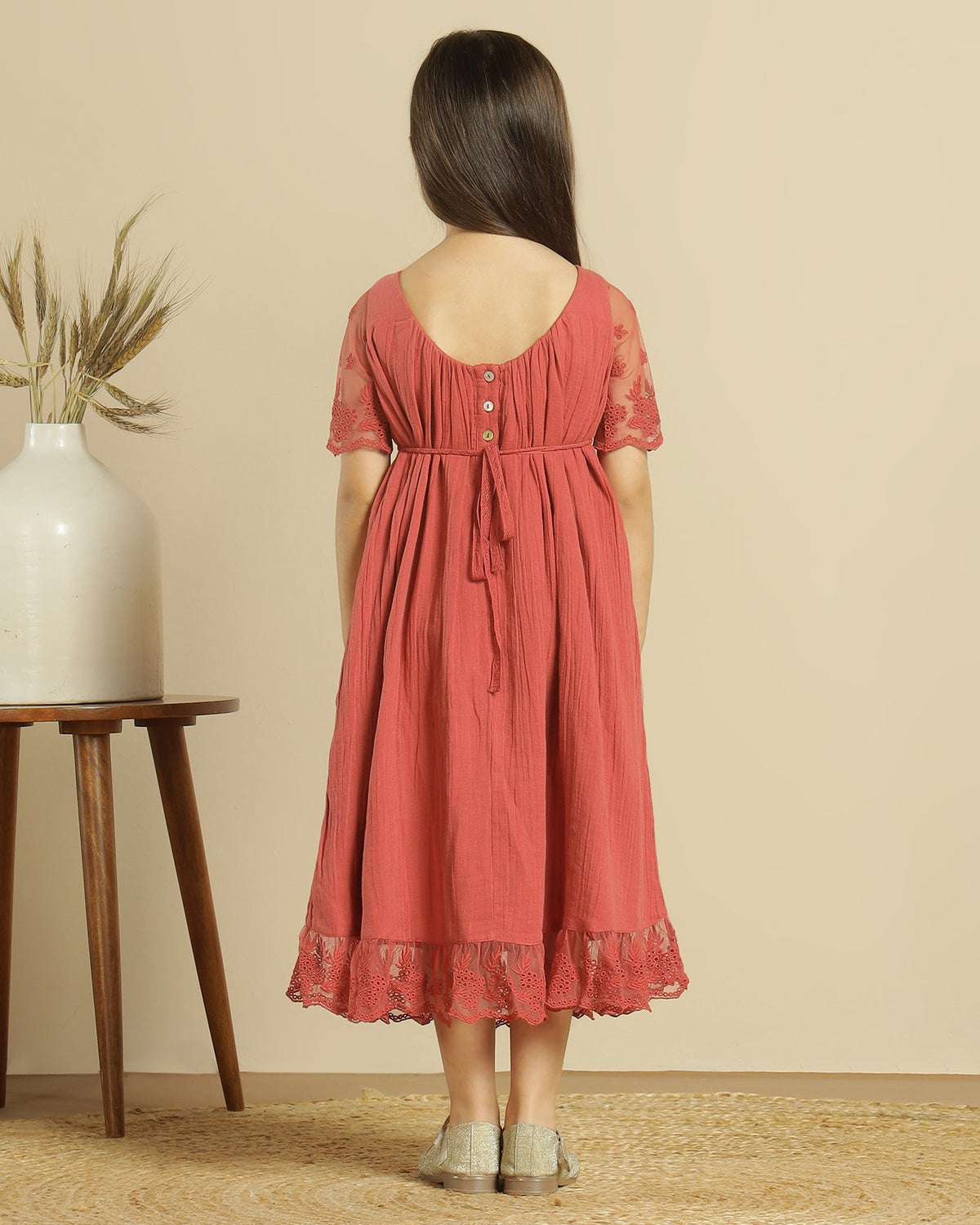 Girls Floral Lace Sleeve Maxi Dress