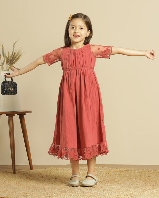 Red girls sleeveless lace fit and flare dress with layered skirt and floral detailing