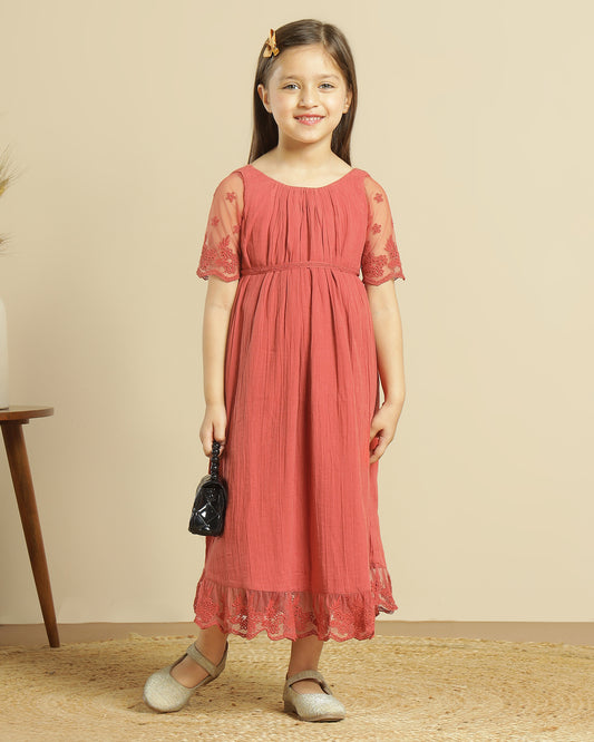 Red girls sleeveless lace fit and flare dress with layered skirt and floral detailing