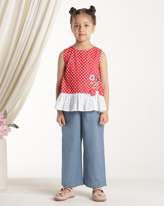 Blue girls wide-leg pants with elasticated waist and relaxed fit