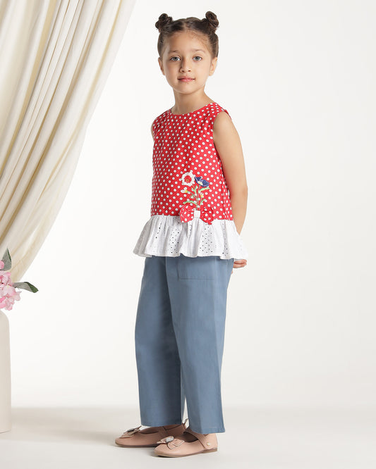 Blue girls wide-leg pants with elasticated waist and relaxed fit