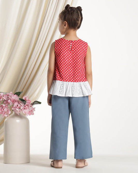 Blue girls wide-leg pants with elasticated waist and relaxed fit