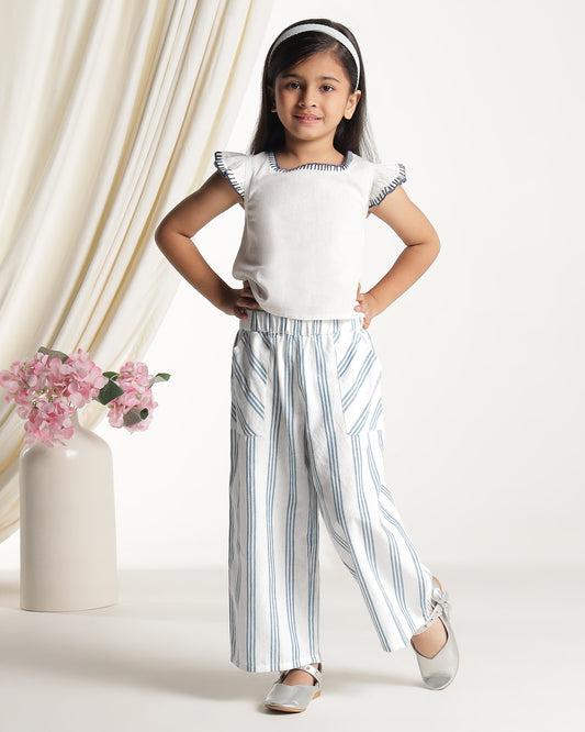 Blue and white striped girls wide-leg pants with elasticated waist