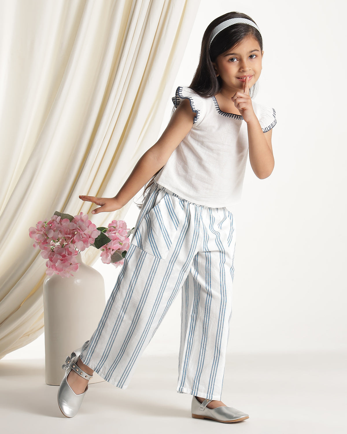 Blue and white striped girls wide-leg pants with elasticated waist