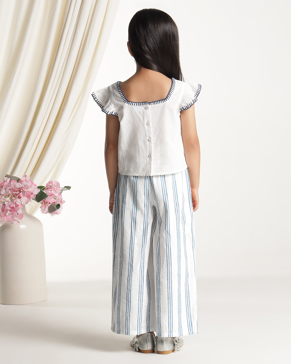 Blue and white striped girls wide-leg pants with elasticated waist