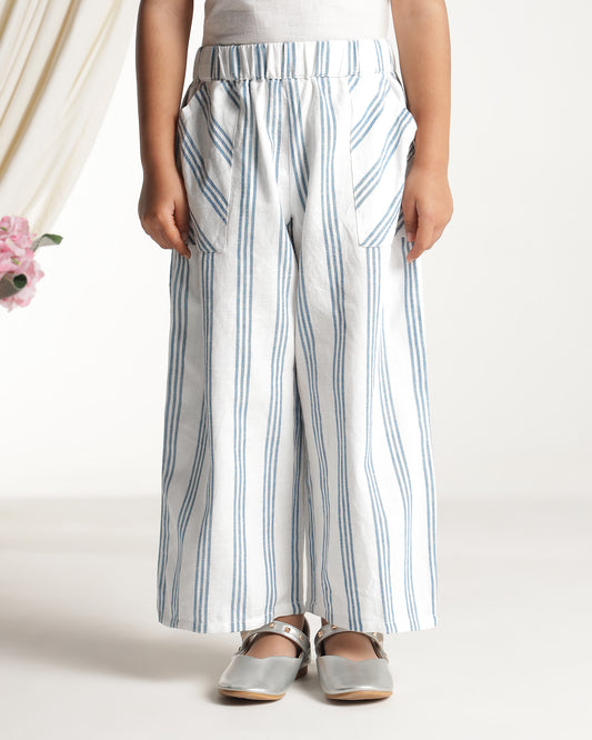 Blue and white striped girls wide-leg pants with elasticated waist