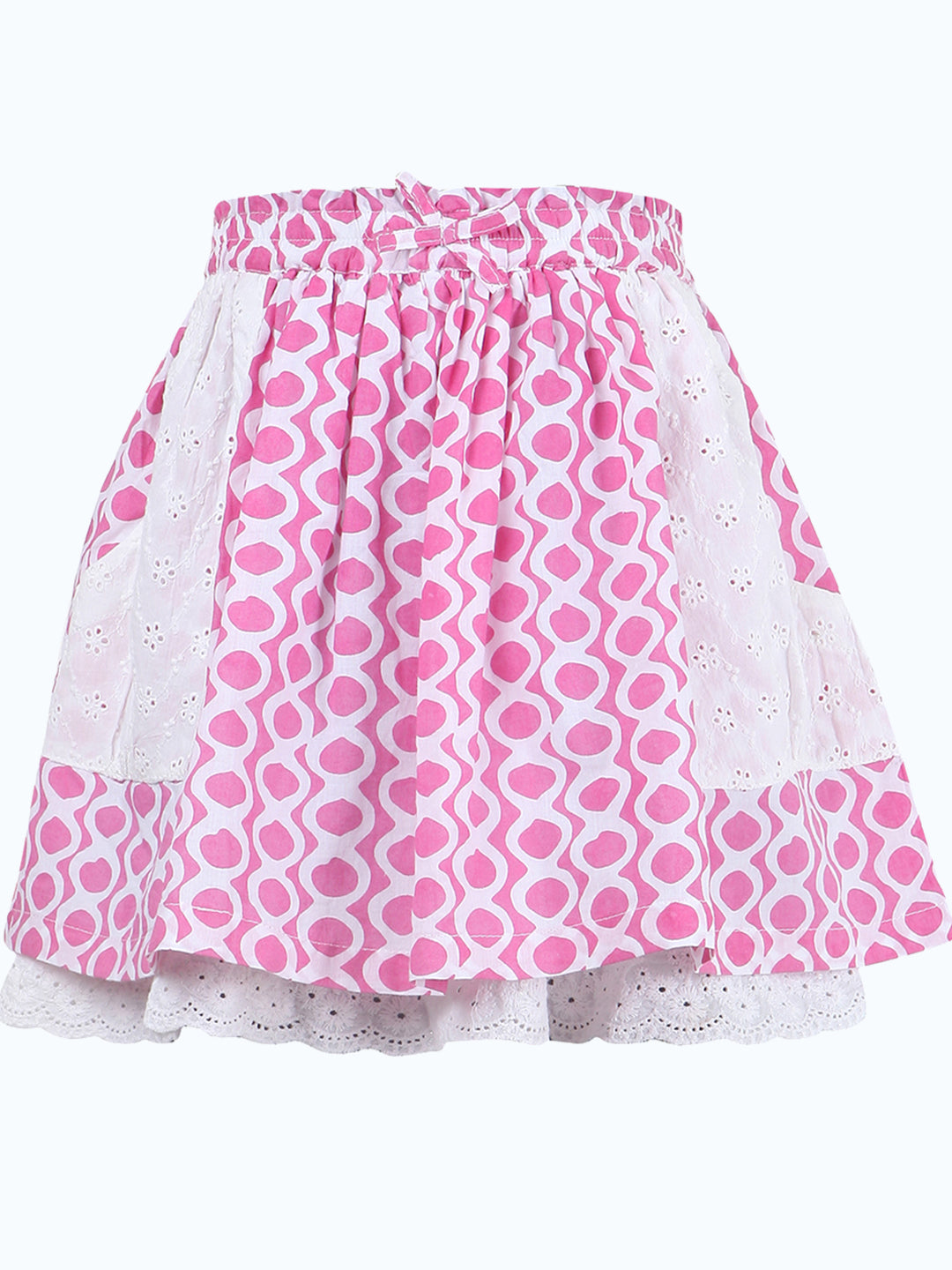 White and pink floral printed girls tiered skirt with ruffle detailing