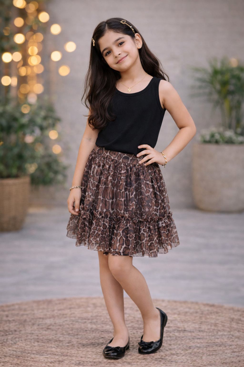 Brown girls floral printed layered skirt with elasticated waist and ruffle detailing