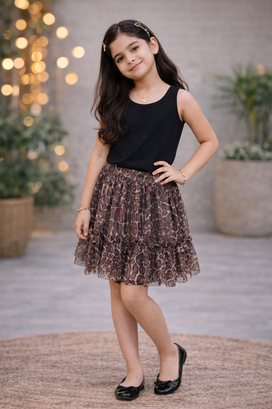 Brown girls floral printed layered skirt with elasticated waist and ruffle detailing