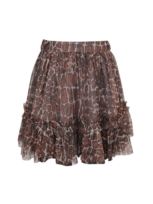 Brown girls floral printed layered skirt with elasticated waist and ruffle detailing
