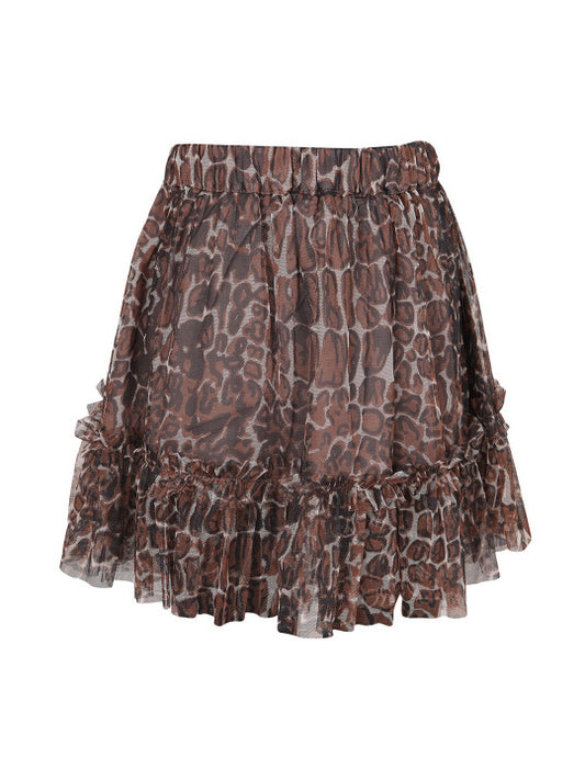 Brown girls floral printed layered skirt with elasticated waist and ruffle detailing