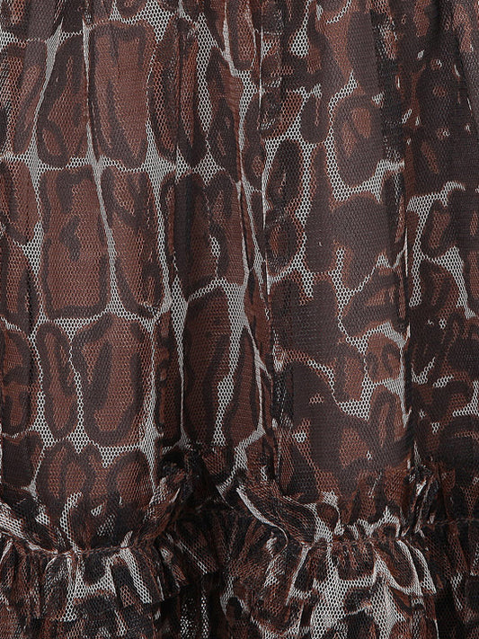 Brown girls floral printed layered skirt with elasticated waist and ruffle detailing