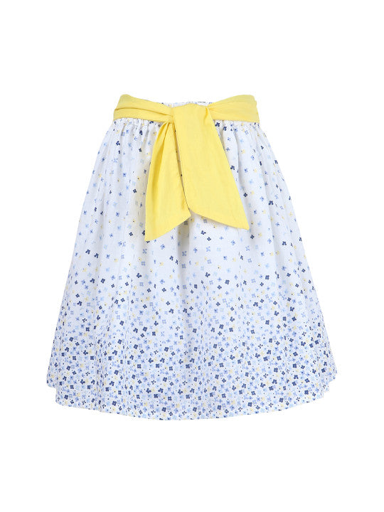 White and blue gingham girls skirt with yellow bow detailing and gathered waist