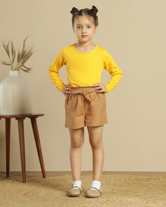 Brown girls casual shorts with elasticated waist and rolled hem