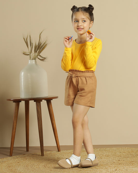 Brown girls casual shorts with elasticated waist and rolled hem