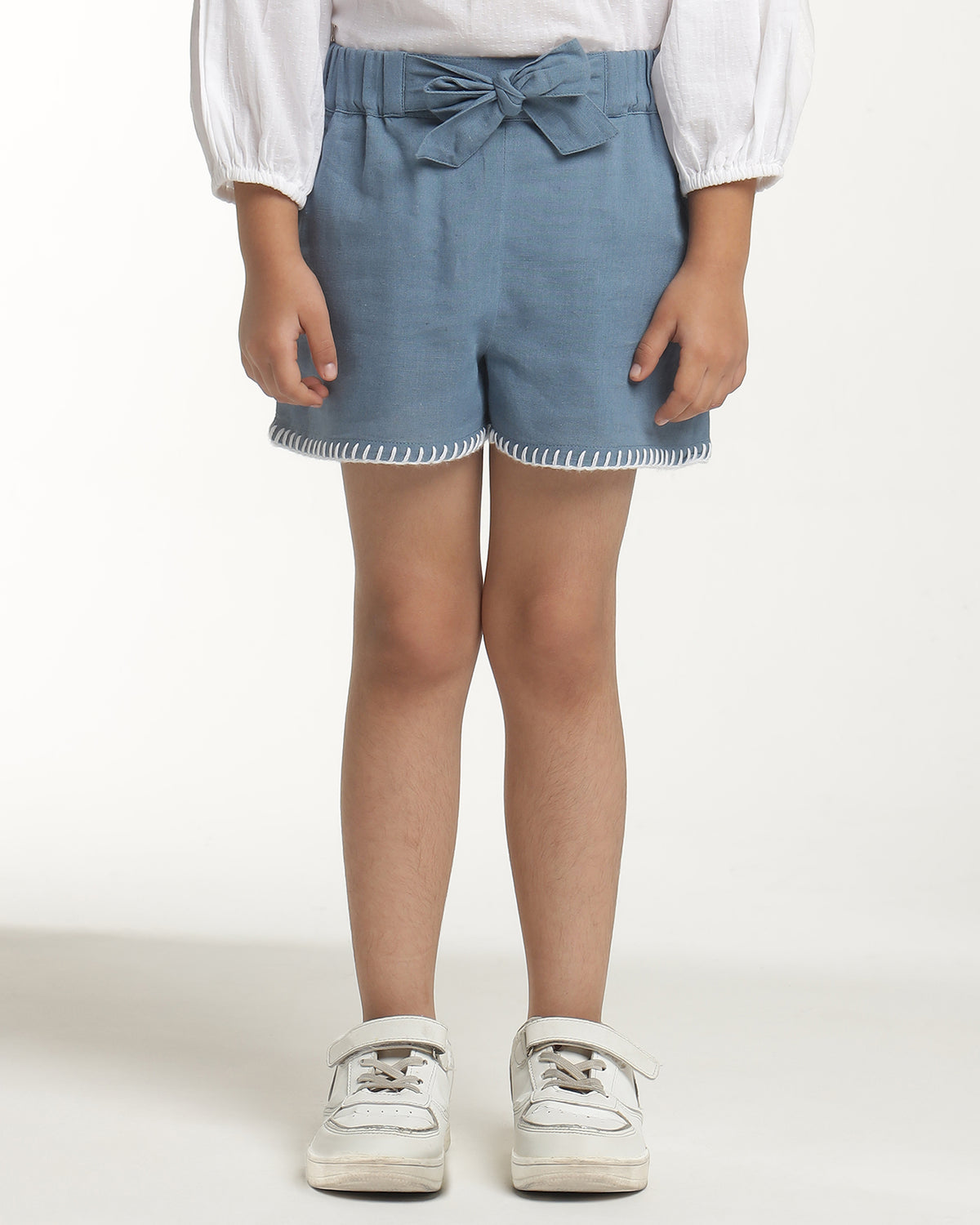 Blue girls casual shorts with drawstring waist and relaxed fit