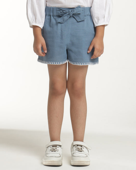 Blue girls casual shorts with drawstring waist and relaxed fit