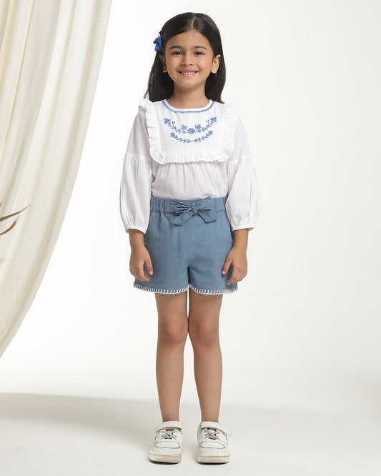 Blue girls casual shorts with drawstring waist and relaxed fit