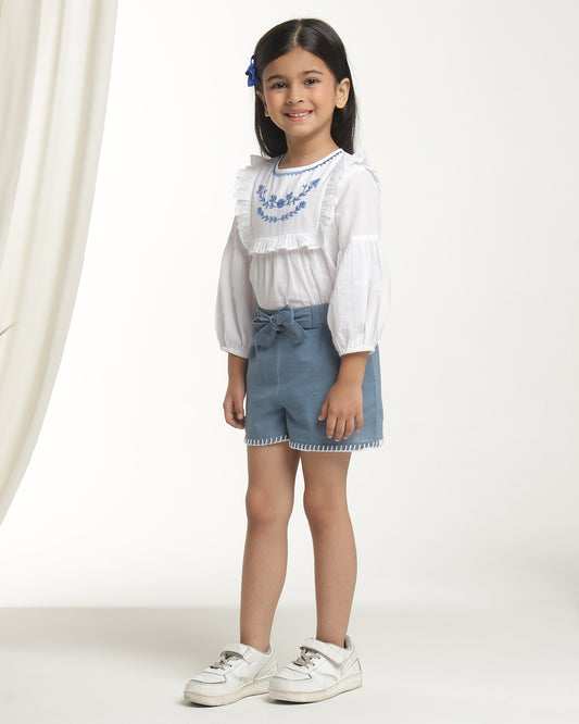 Blue girls casual shorts with drawstring waist and relaxed fit