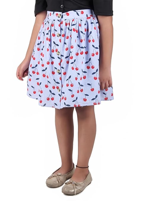 Navy blue girls floral printed top with white flared skirt
