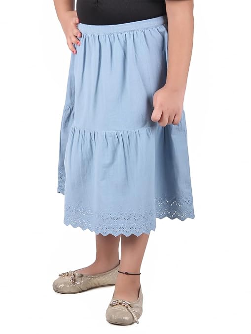 Black girls short sleeve top with blue flared skirt and gathered waist