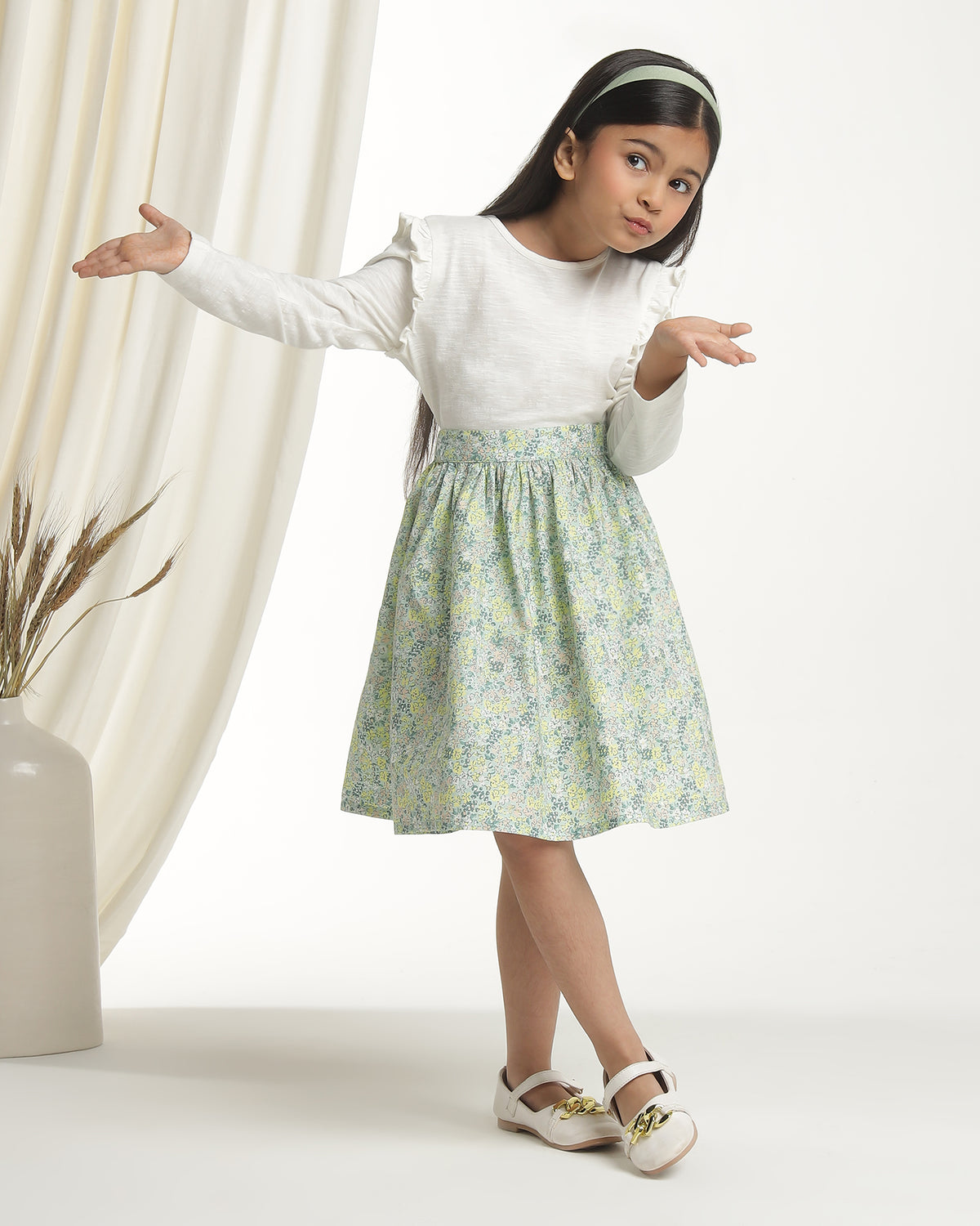 Mint green girls casual shorts with gathered waist and relaxed fit