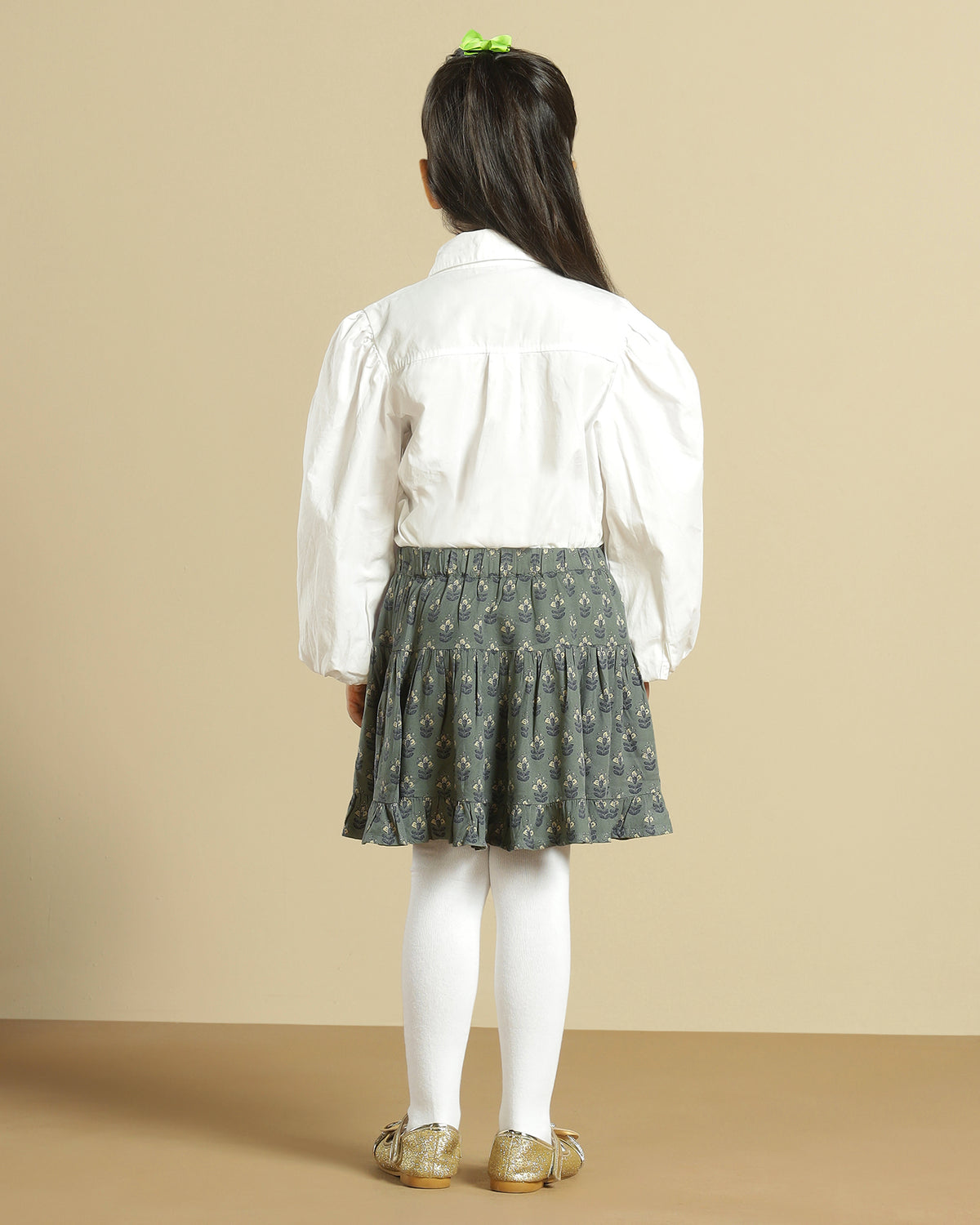 Green floral printed girls shorts with scalloped hem and contrast detailing