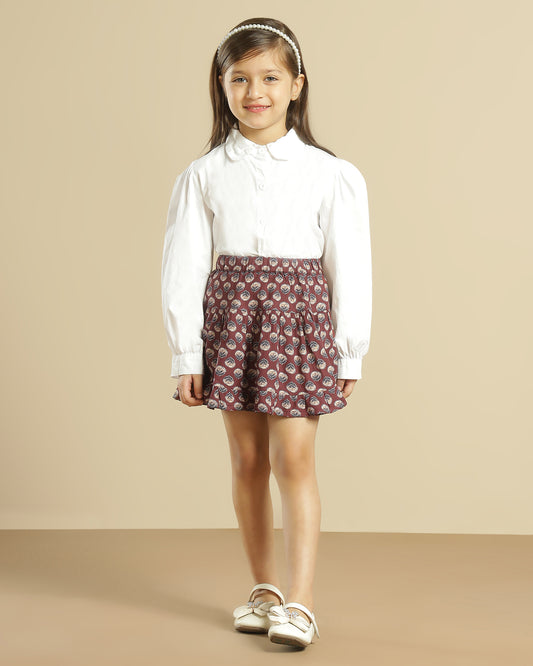Maroon floral printed girls shorts with scalloped hem and contrast detailing