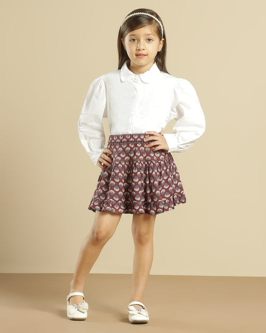 Maroon floral printed girls shorts with scalloped hem and contrast detailing