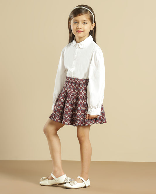 Maroon floral printed girls shorts with scalloped hem and contrast detailing